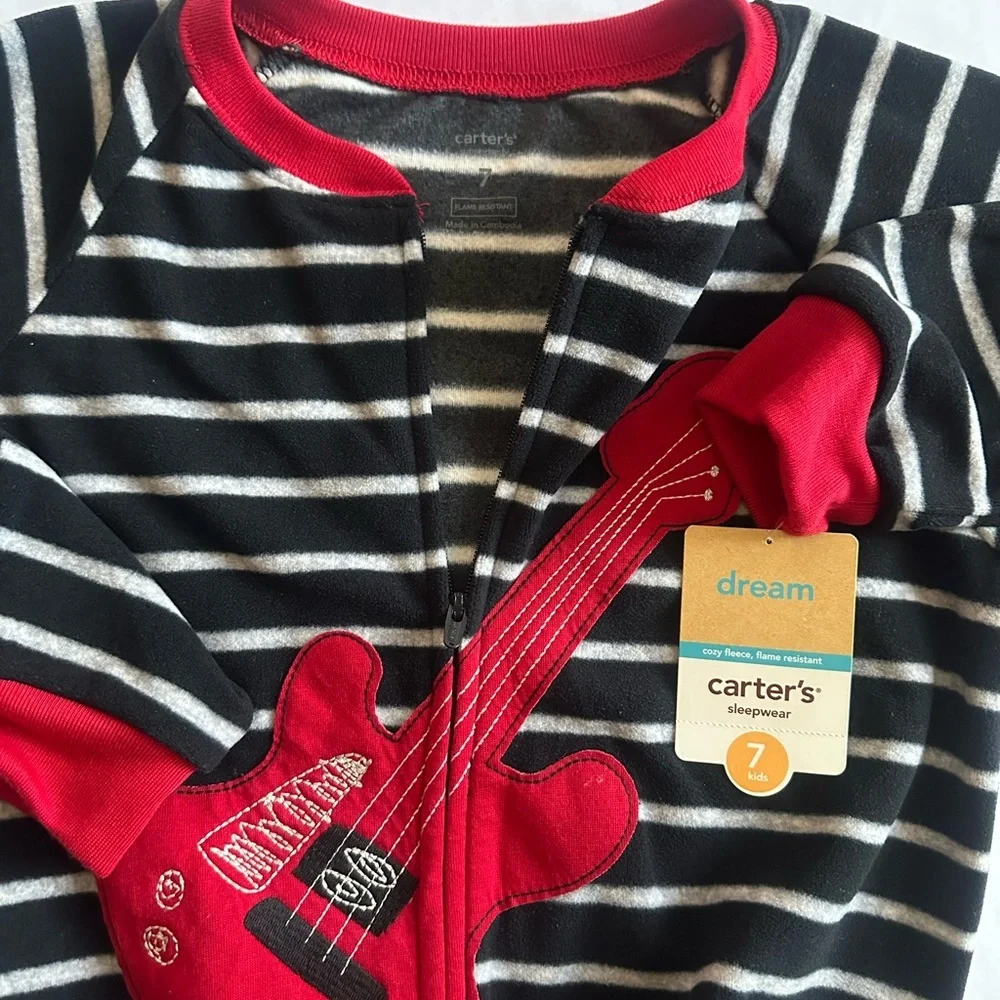 Striped Black and White Kids One Piece with Red Guitar
